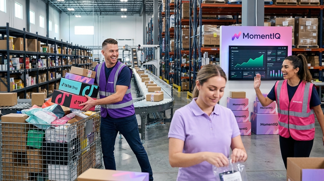 Busy, cheerful fulfillment center team efficiently processing large volumes of TikTok Shop orders.