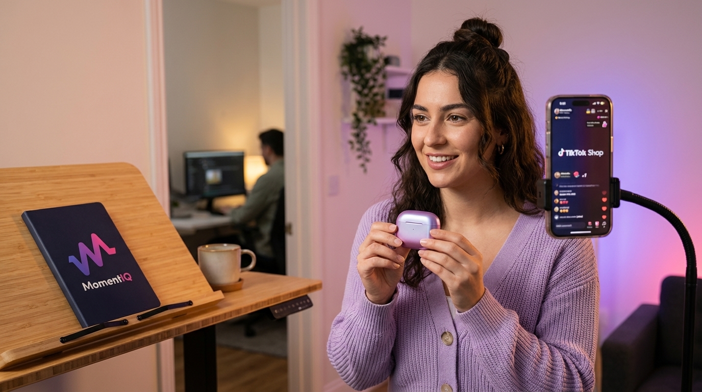 Charismatic TikTok Shop live streamer confidently presenting products to an audience with chat flooding with hearts and 'SOLD!' notifications.