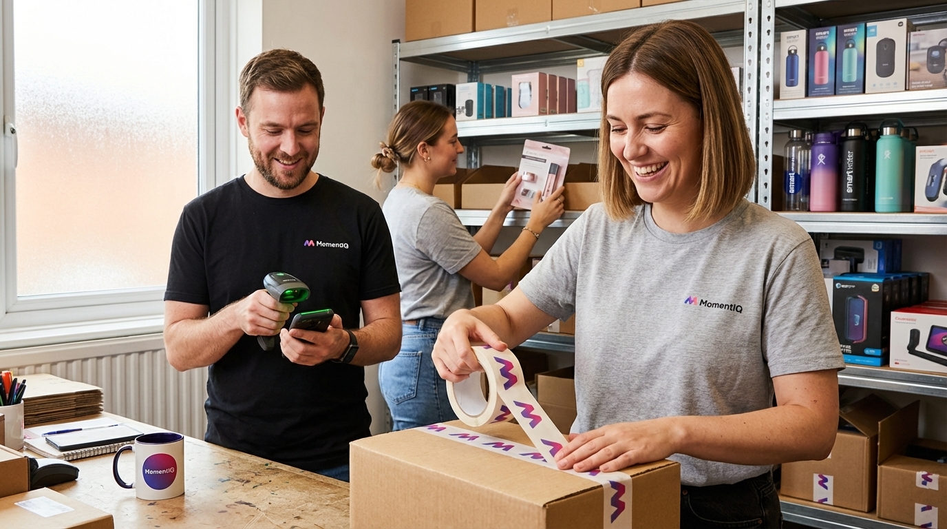 Cheerful fulfillment team efficiently packing colorful TikTok Shop orders in an organized warehouse.