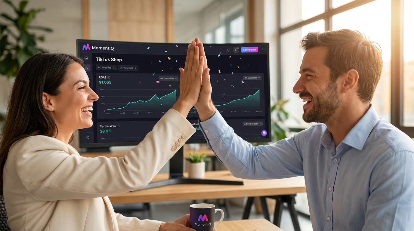 Team members high-fiving in celebration of a successful TikTok Shop ad campaign with increased conversions and positive ROAS.