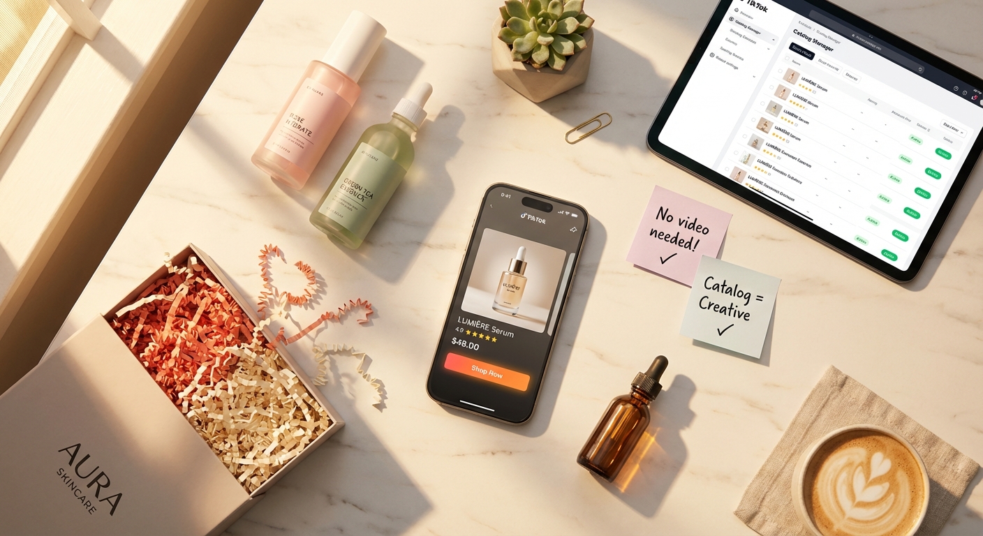 TikTok Shop Product Shopping Ads flat lay showing phone with catalog-driven ad, product samples, and organized product feed interface
