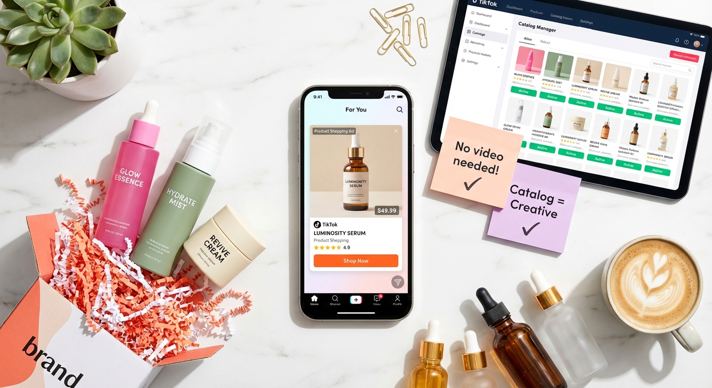TikTok Shop Product Shopping Ads flat lay showing phone with catalog-driven ad, product samples, and organized product feed interface