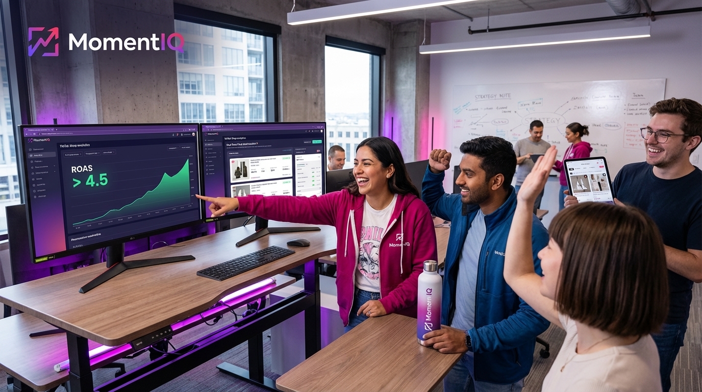 Wide shot of a bustling e-commerce office with a team celebrating a TikTok Shop sales spike on an analytics dashboard.