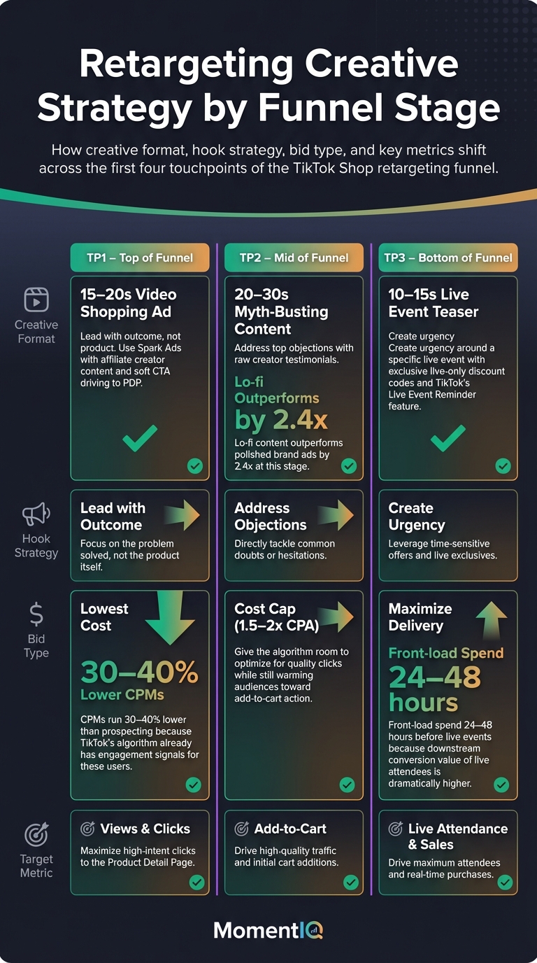 Comparison infographic contrasting TikTok Shop retargeting creative strategies across touchpoints 1 through 3 including ad formats, bid types, and target metrics