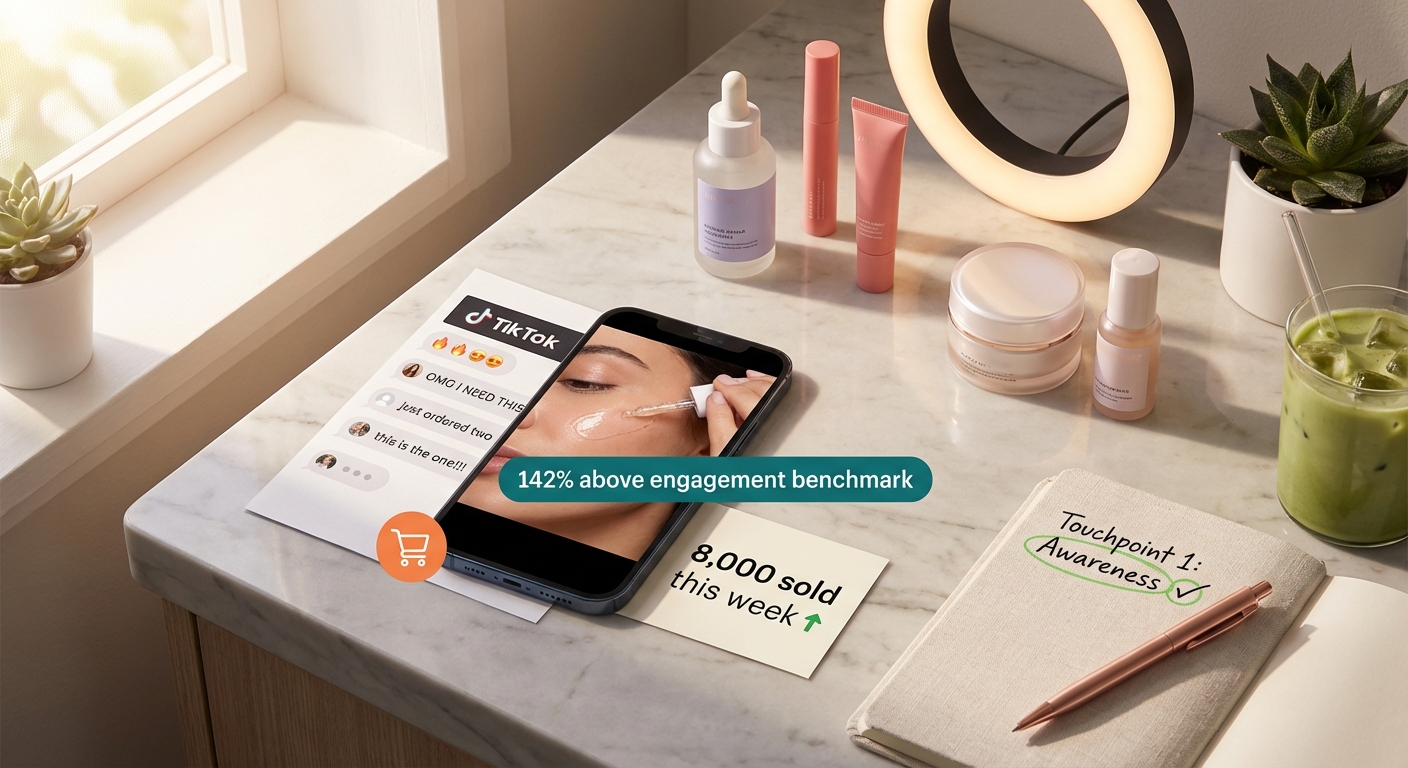 Flat lay of TikTok Shop Spark Ad creative setup with engagement metrics and branded product packaging