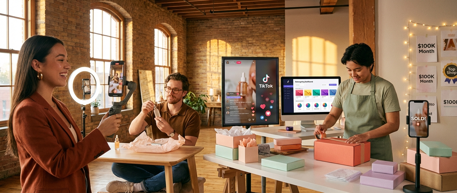 Panoramic view of a TikTok Shop creator studio showcasing the complete 7-touchpoint retargeting funnel workflow