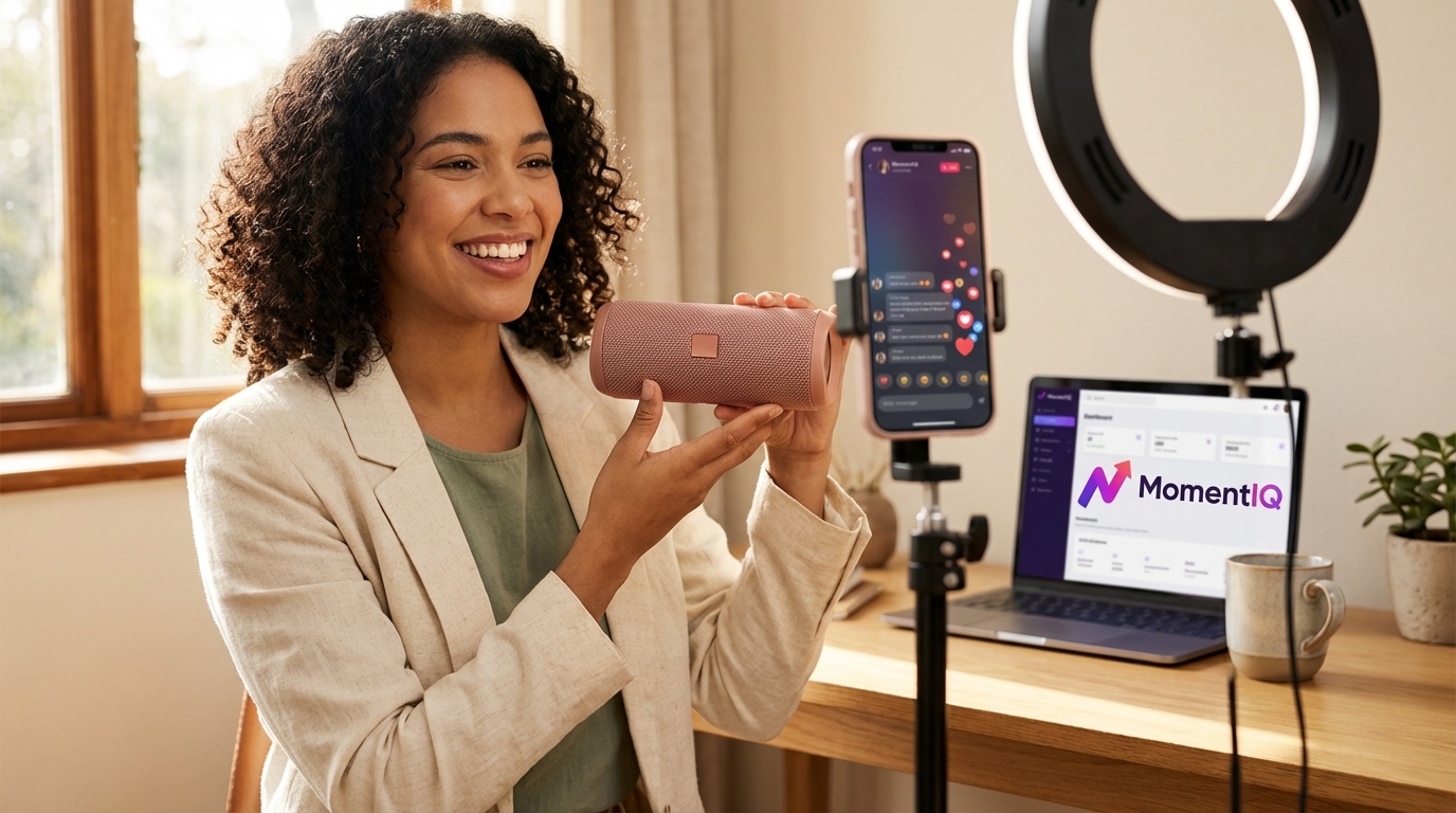 Energetic TikTok Shop creator live streaming, showcasing a product with chat and heart emojis on screen