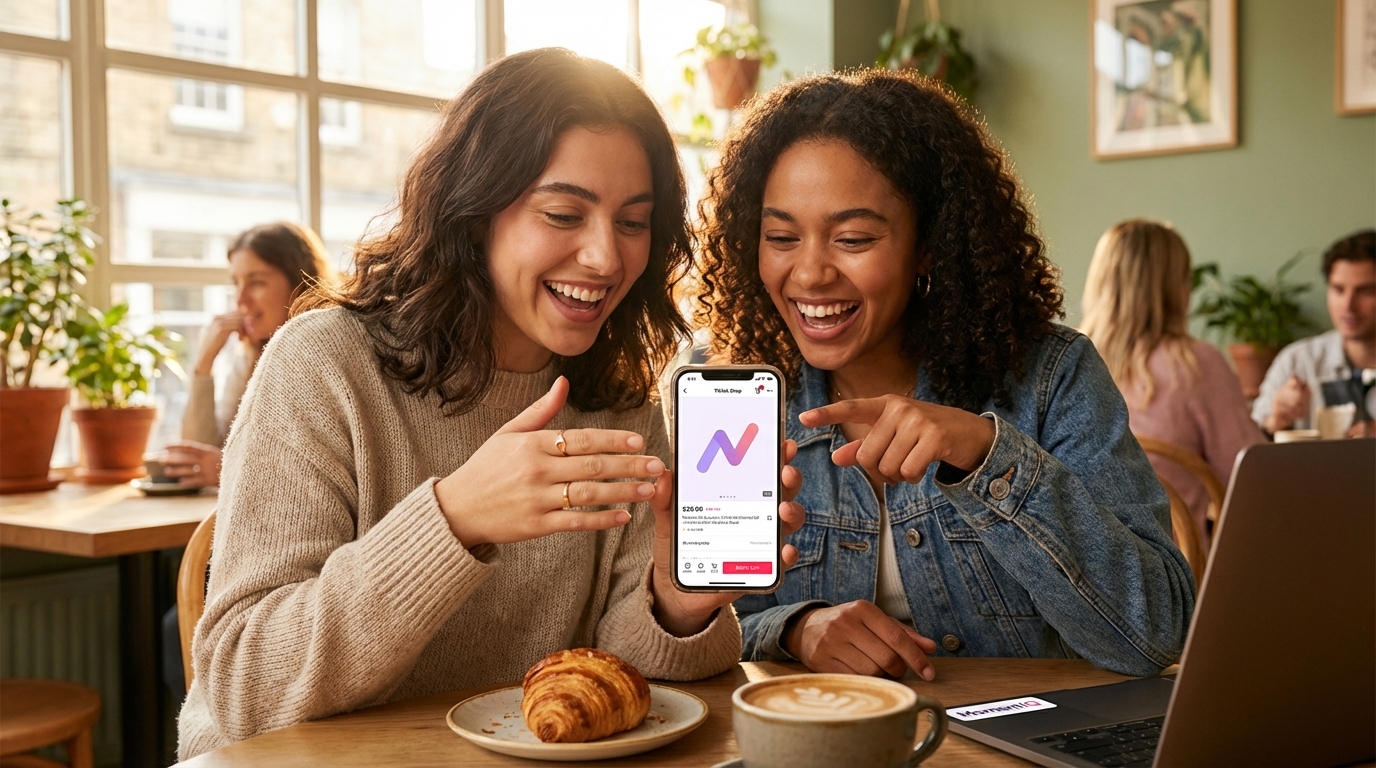 Friends excitedly sharing a viral TikTok Shop product video on a smartphone in a cafe
