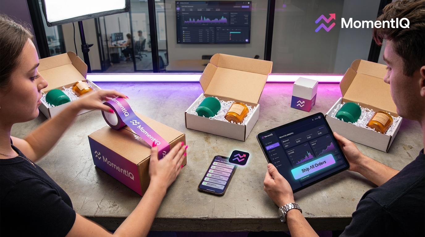Organized TikTok Shop shipping station flat lay with colorful products and order notification on phone