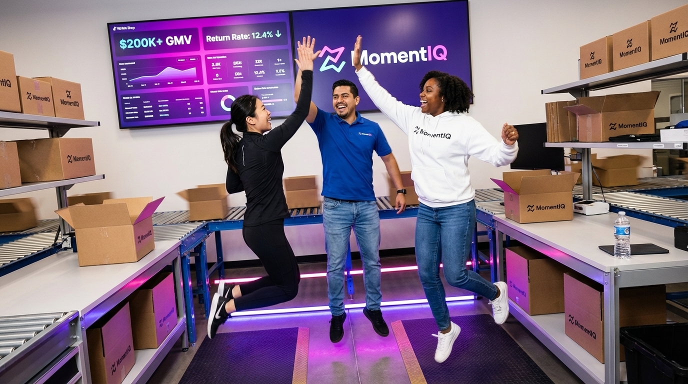 TikTok Shop fulfillment team celebrating revenue milestones in organized warehouse with profit dashboard