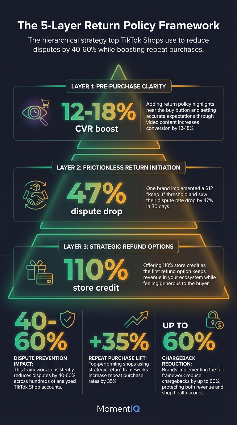 Pyramid infographic showing TikTok Shop 5-layer return policy framework with pre-purchase clarity, frictionless returns, and strategic refund options driving 40-60% dispute reduction and 35% repeat purchase increase