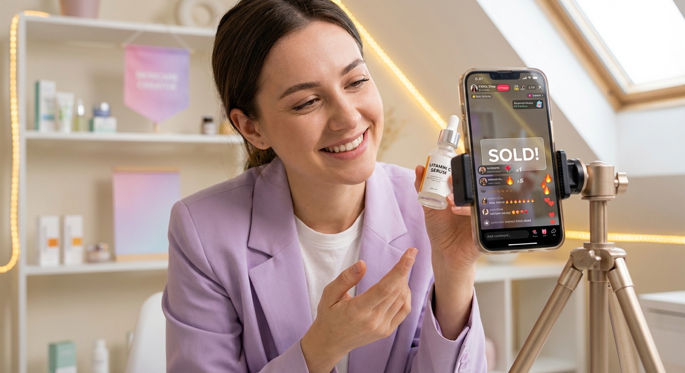 Energetic TikTok Shop live selling host presenting skincare product with SOLD overlay and active chat