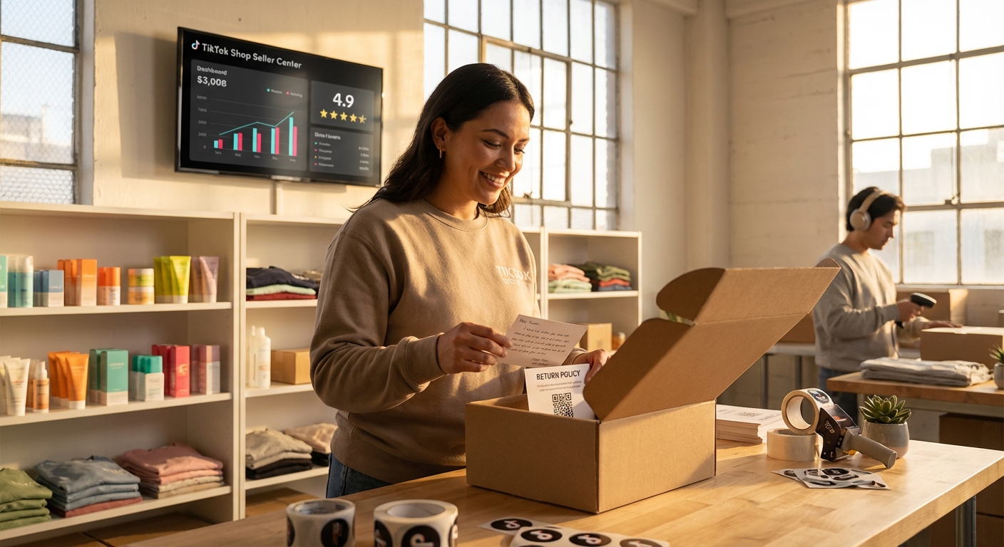Organized TikTok Shop fulfillment warehouse with seller packing branded orders and return policy inserts alongside active order dashboard