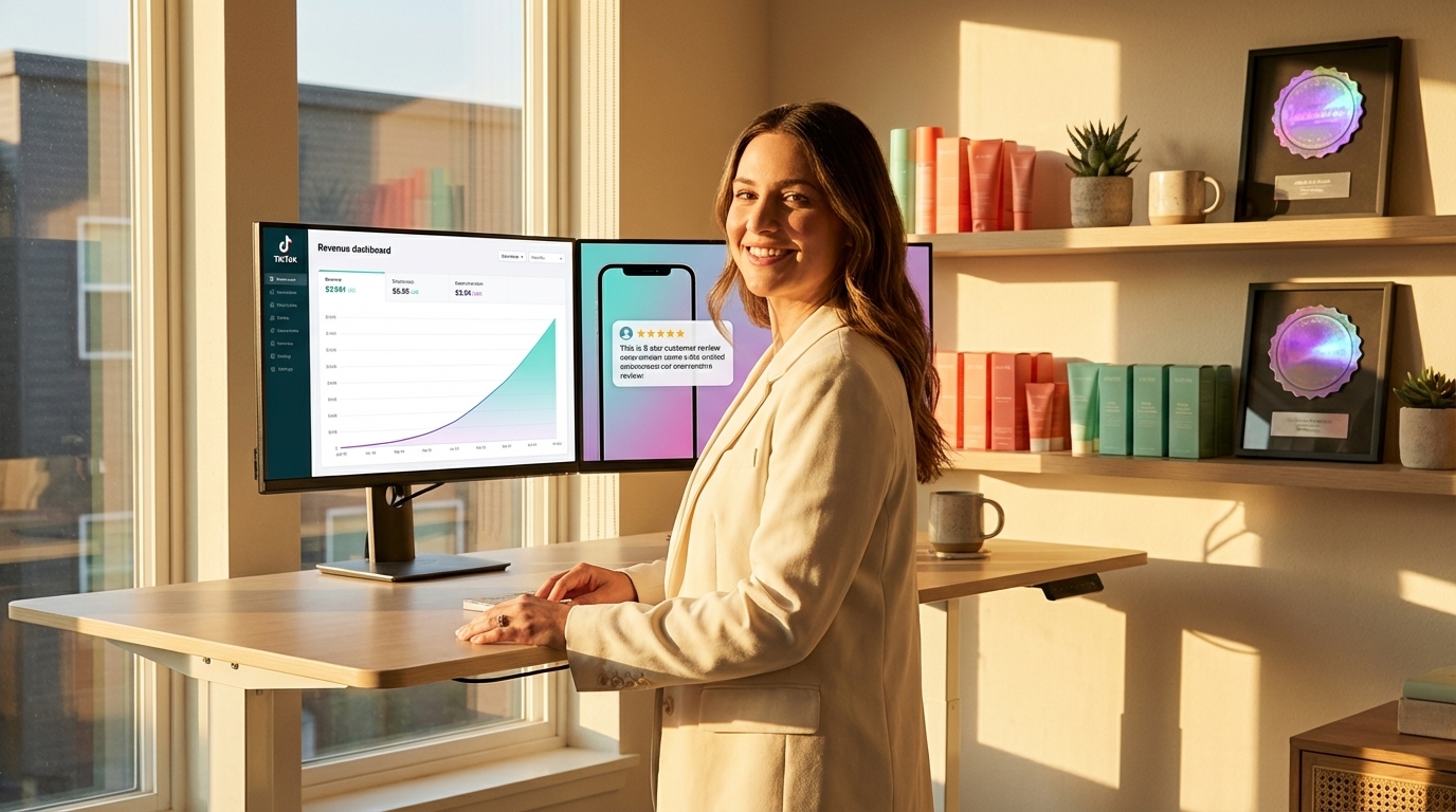 Successful TikTok Shop entrepreneur standing proudly beside revenue growth dashboard in modern home office