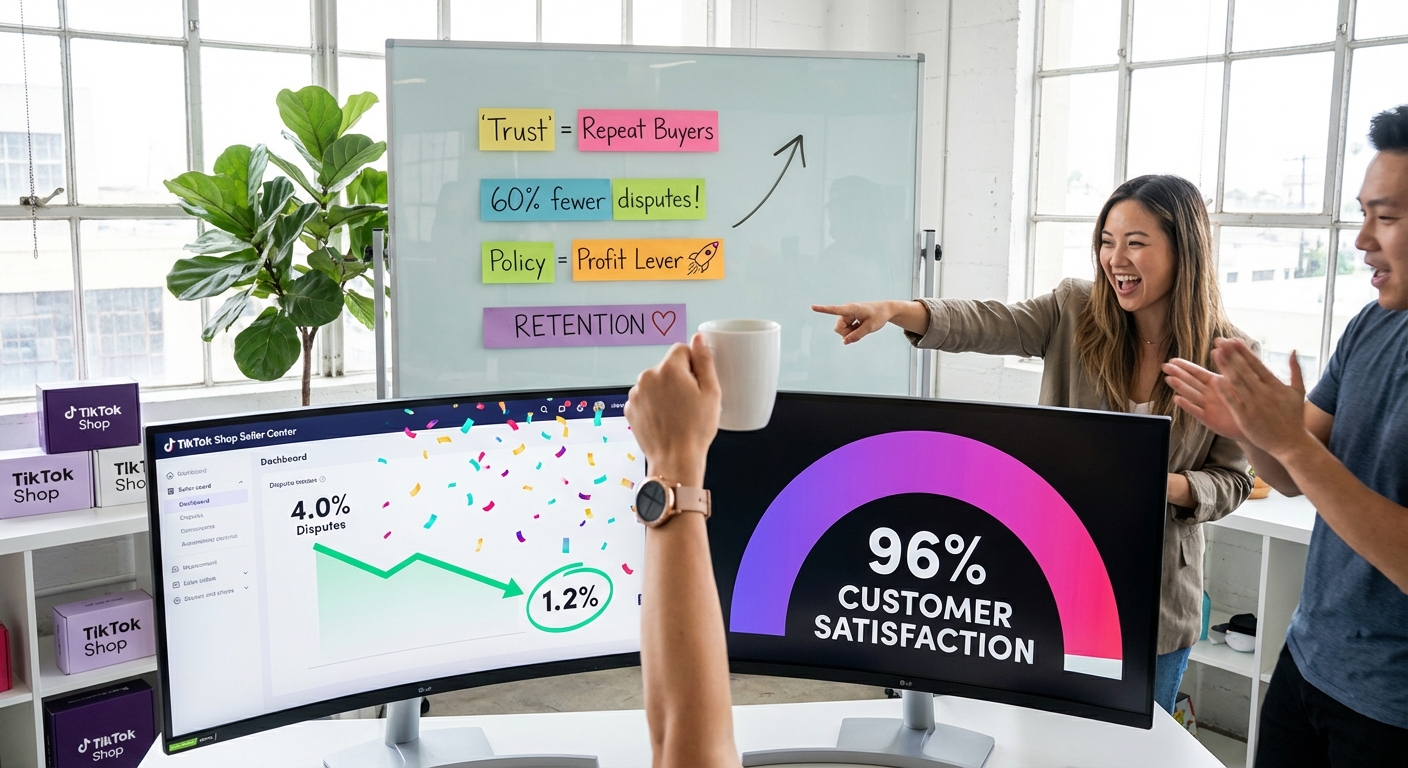 TikTok Shop analytics dashboard showing dramatic decrease in dispute rates and rising customer satisfaction scores