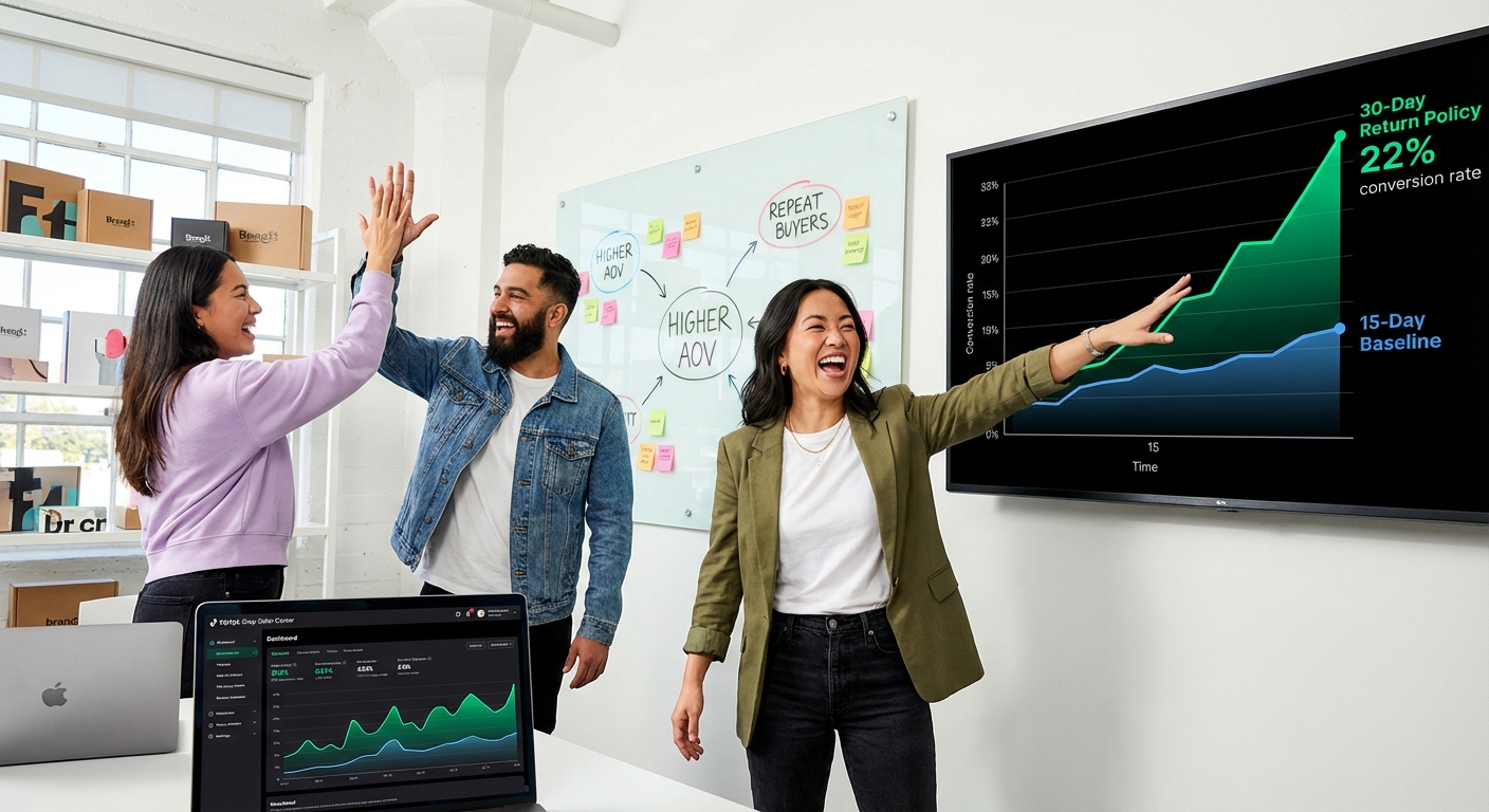 TikTok Shop brand team celebrating higher conversion rates from extended 30-day return policy strategy on analytics screen
