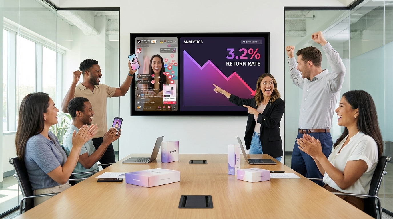 TikTok Shop brand team reviewing campaign results showing low return rate and successful live shopping replay