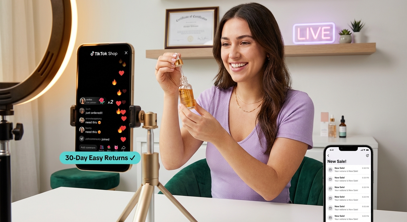 TikTok Shop creator confidently presenting product on live stream with visible return policy badge and flooding sales notifications