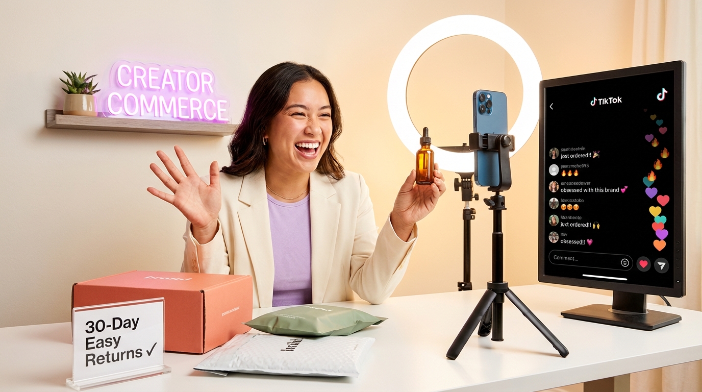 TikTok Shop creator enthusiastically filming product review in ring light studio with positive live chat visible