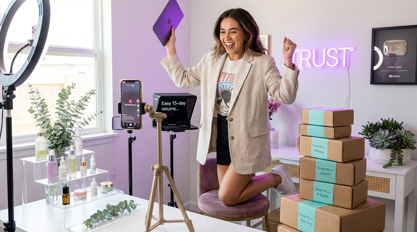 TikTok Shop creator studio with ring light tripod setup and product seeding boxes ready for shipping