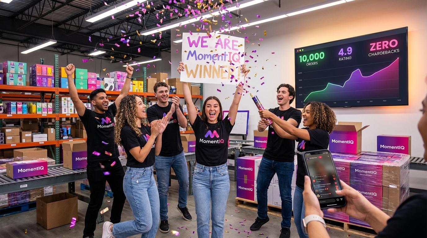 TikTok Shop fulfillment team celebrating 10000th order milestone with zero chargebacks and high seller ratings