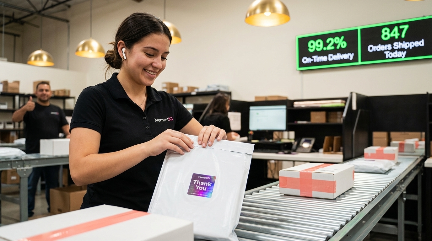 TikTok Shop warehouse with branded packages on conveyor and real-time fulfillment dashboard showing 99% on-time rate