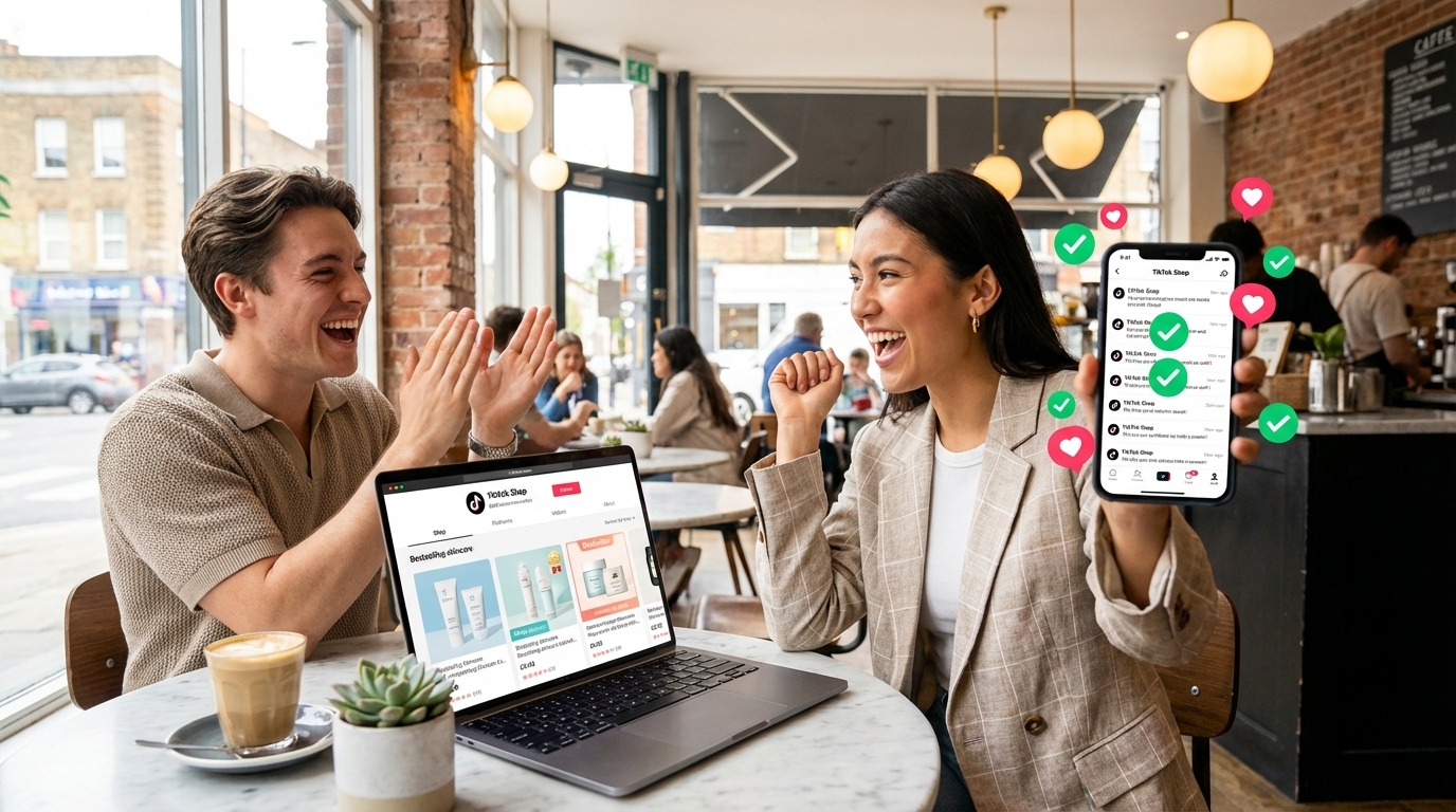 Two TikTok Shop business partners excitedly reviewing positive notifications and re-order confirmations on phone