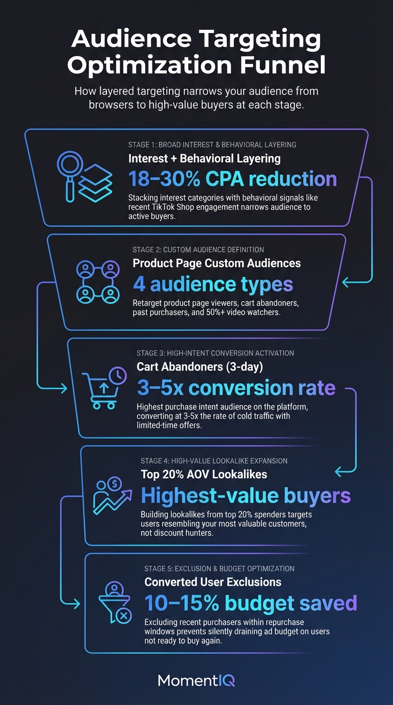 Funnel infographic showing TikTok Shop audience targeting optimization from broad interest targeting through behavioral layering, custom audiences, and high-AOV lookalikes with CPA and conversion rate improvements at each stage