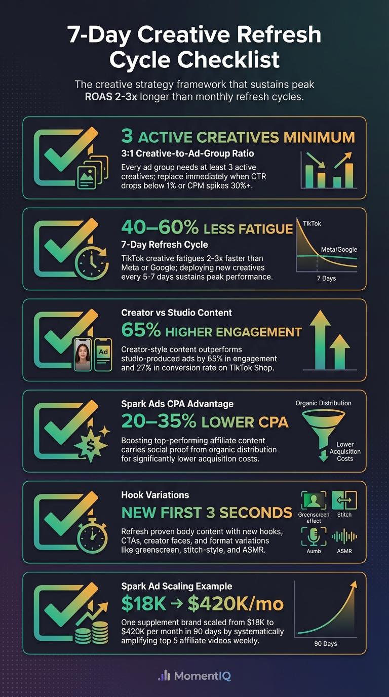 Checklist infographic showing six TikTok Shop creative strategy essentials including 3:1 creative ratio, 7-day refresh cycle with 40-60% less fatigue, 65% higher engagement from creator content, and 20-35% lower CPA from Spark Ads