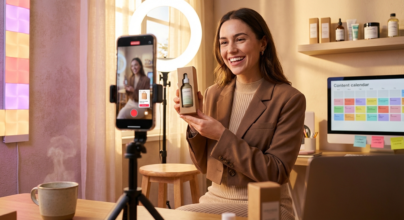 Confident TikTok Shop creator filming product content in professional ring light studio setup with content calendar