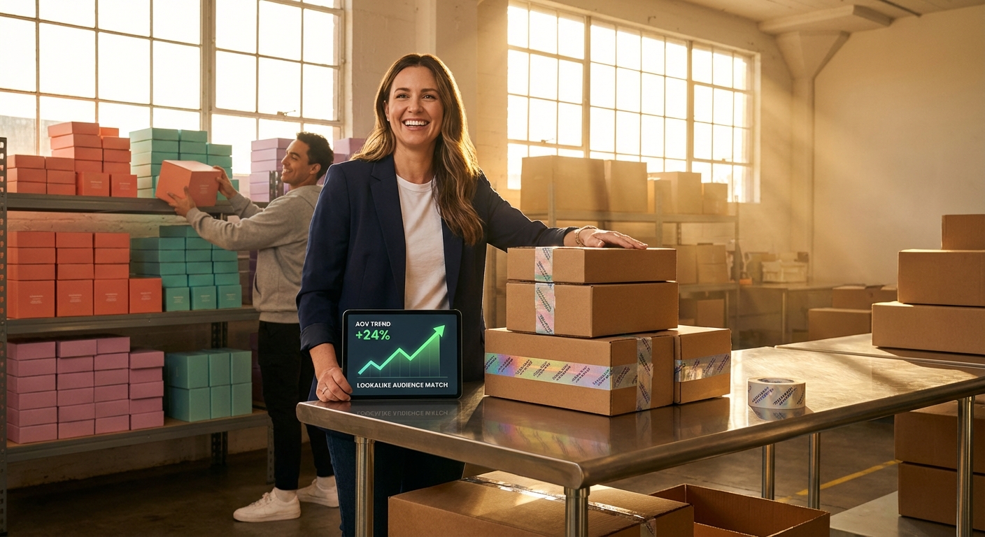 TikTok Shop entrepreneur reviewing high-AOV lookalike audience results in organized fulfillment warehouse