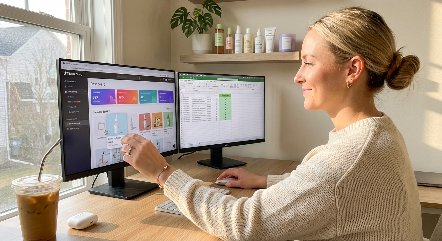 TikTok Shop seller confidently organizing product catalog with structured product sets and complete attribute mapping on dual monitors