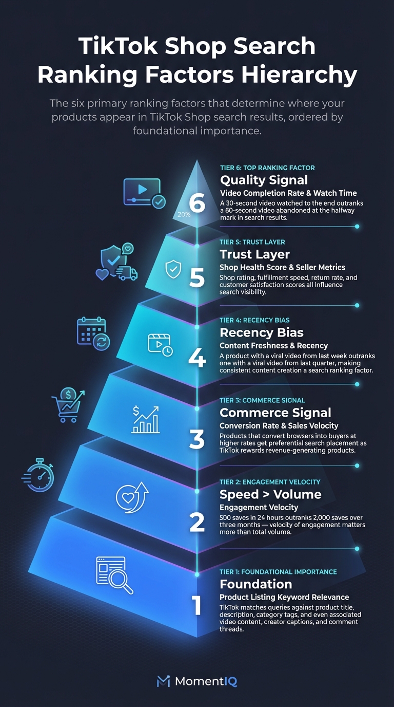 Pyramid infographic showing six TikTok Shop search ranking factors in 2025 from foundational keyword relevance at the base to video completion rate at the top