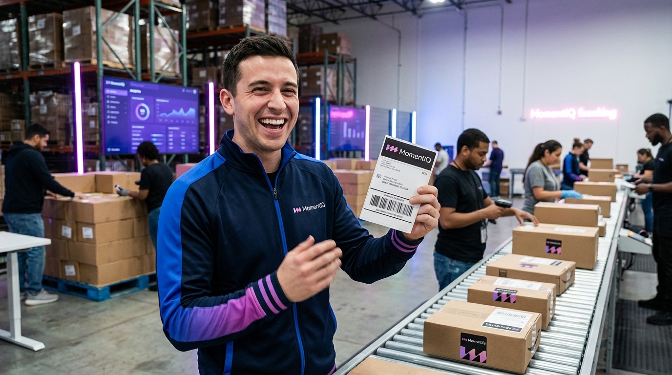 Cheerful fulfillment team member proudly holding a TikTok Shop shipping label as packages move on a conveyor belt