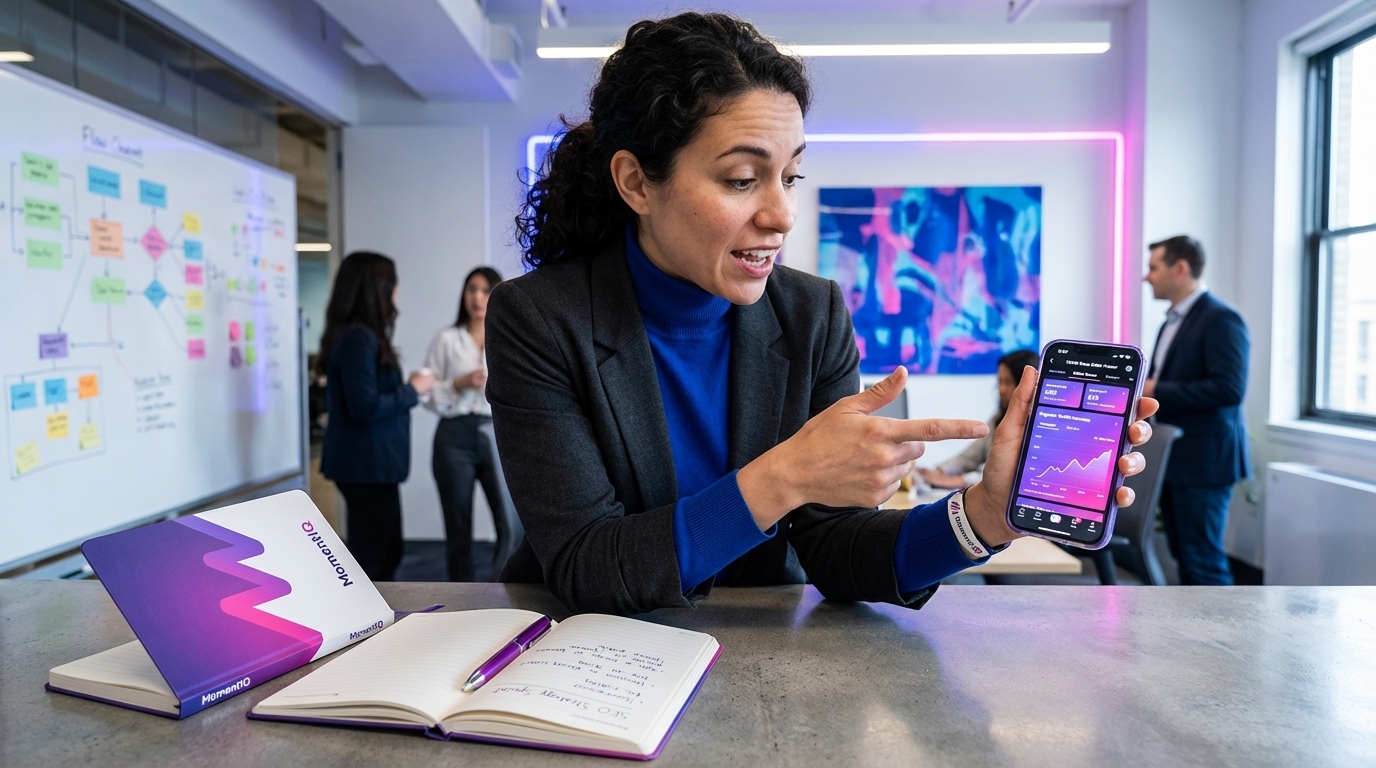 Confident brand owner reviewing TikTok Shop organic traffic sources on their phone in a modern workspace