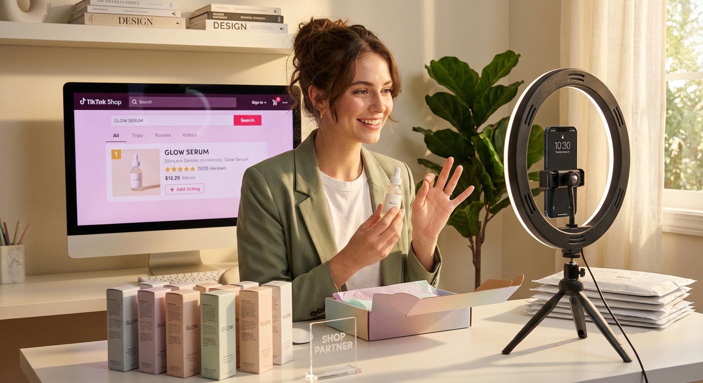 Confident TikTok Shop creator filming product video in studio with top-ranking product listing on screen