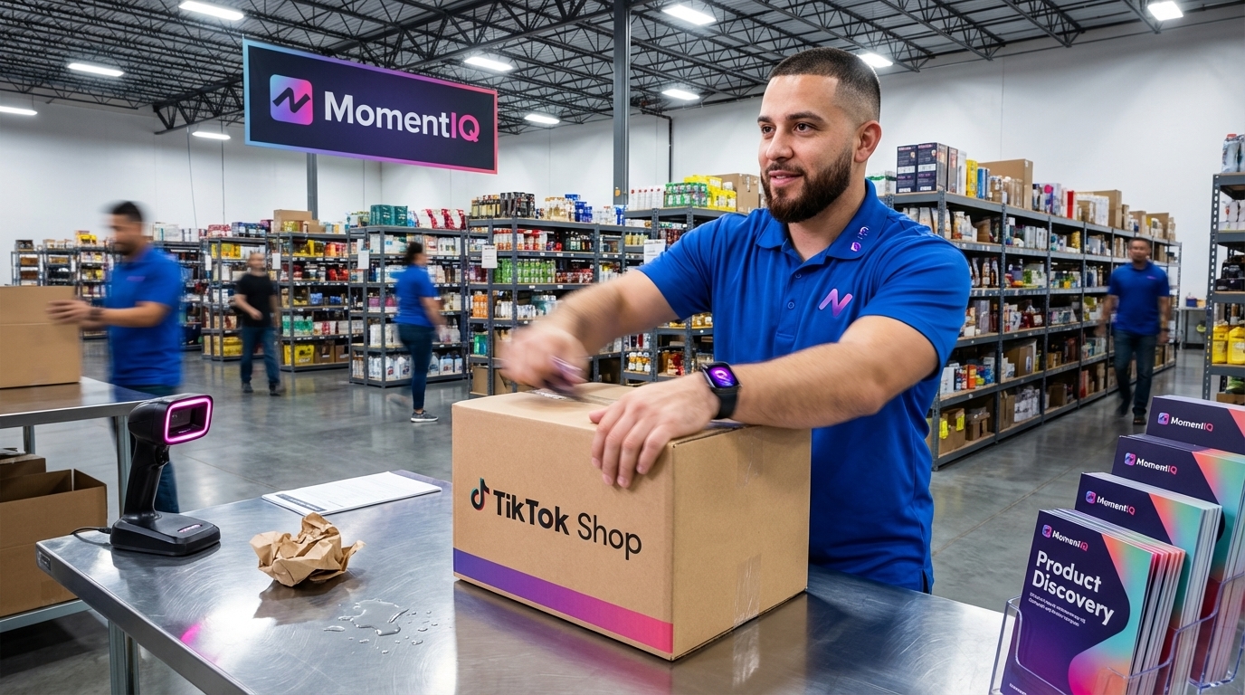 Efficient warehouse associate taping up a TikTok Shop branded shipping box with speed and care