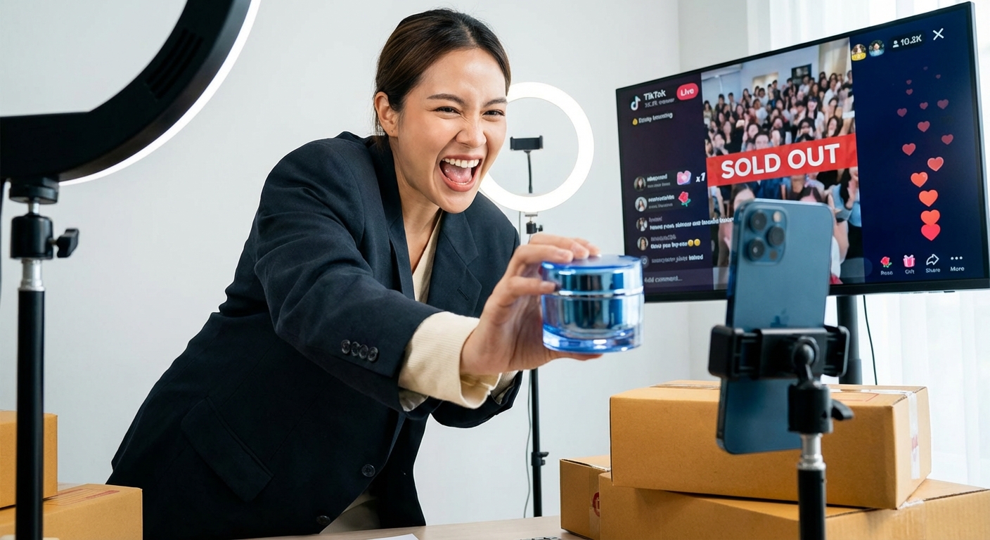 Energetic TikTok Shop live stream creator celebrating sold-out product with flooding heart emojis and high engagement