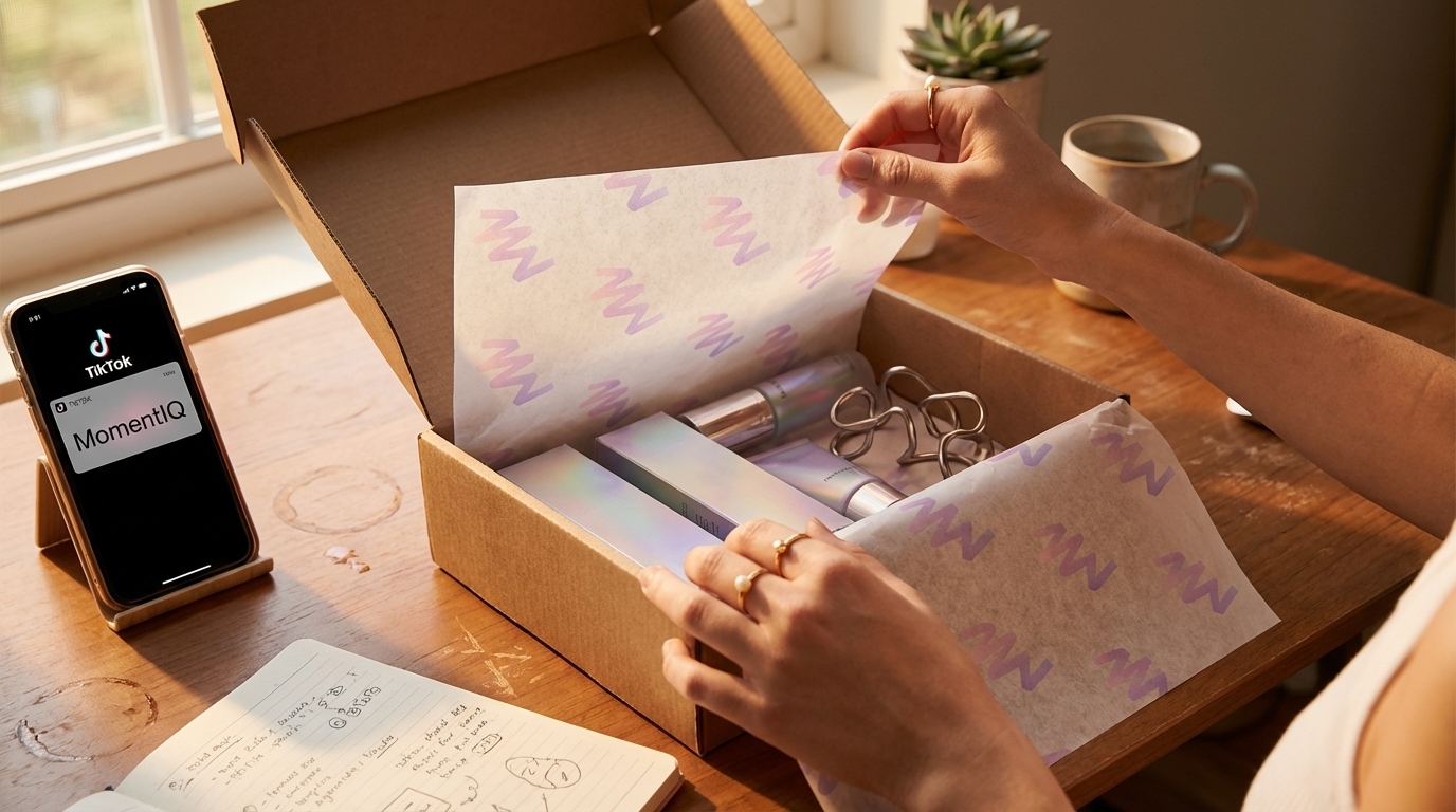 Flat lay of a creator excitedly opening a TikTok Shop product seeding package with branded products and a thank you note