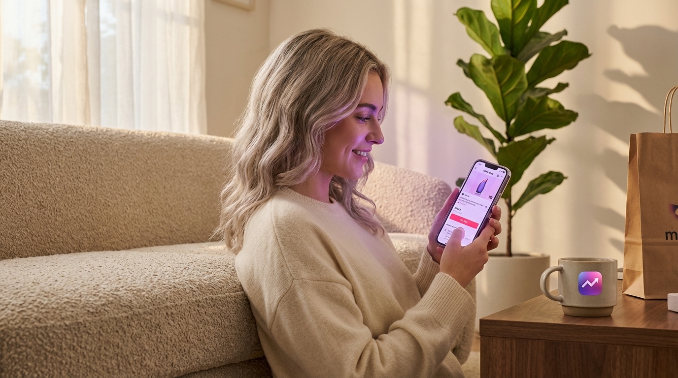 Gen Z user delightedly browsing TikTok Shop product listings on their phone in a cozy living room