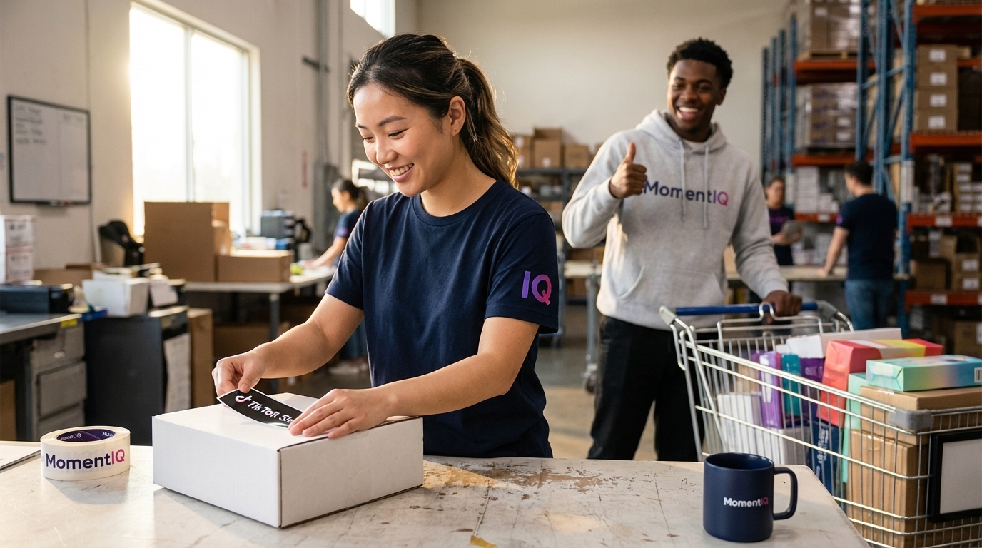 Joyful warehouse team efficiently packing and labeling TikTok Shop orders in a sunny, organized facility