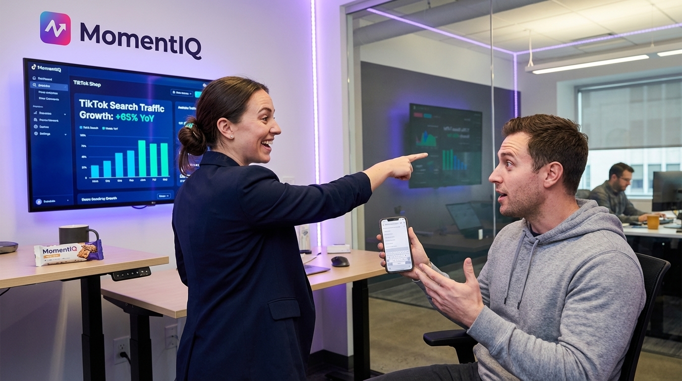 Marketing specialist and content creator confidently reviewing high TikTok Shop search conversion rates on a laptop