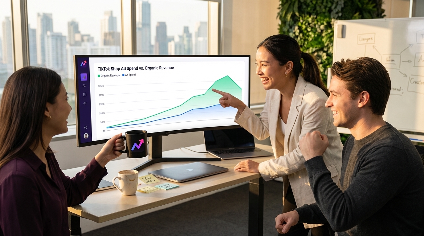 Marketing team celebrating a chart showing high TikTok Shop organic revenue outpacing ad spend