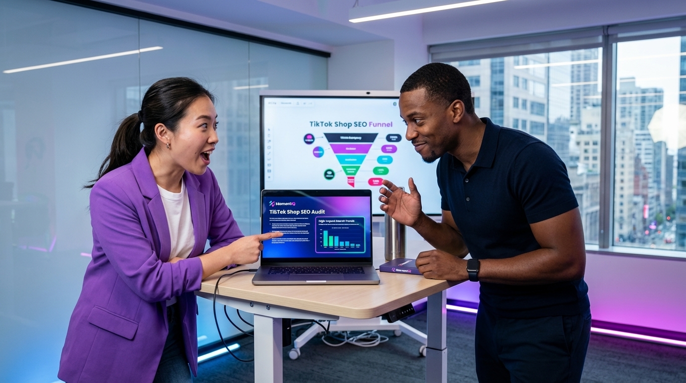 MomentIQ strategist and brand founder excitedly reviewing a TikTok Shop SEO audit report for keyword opportunities