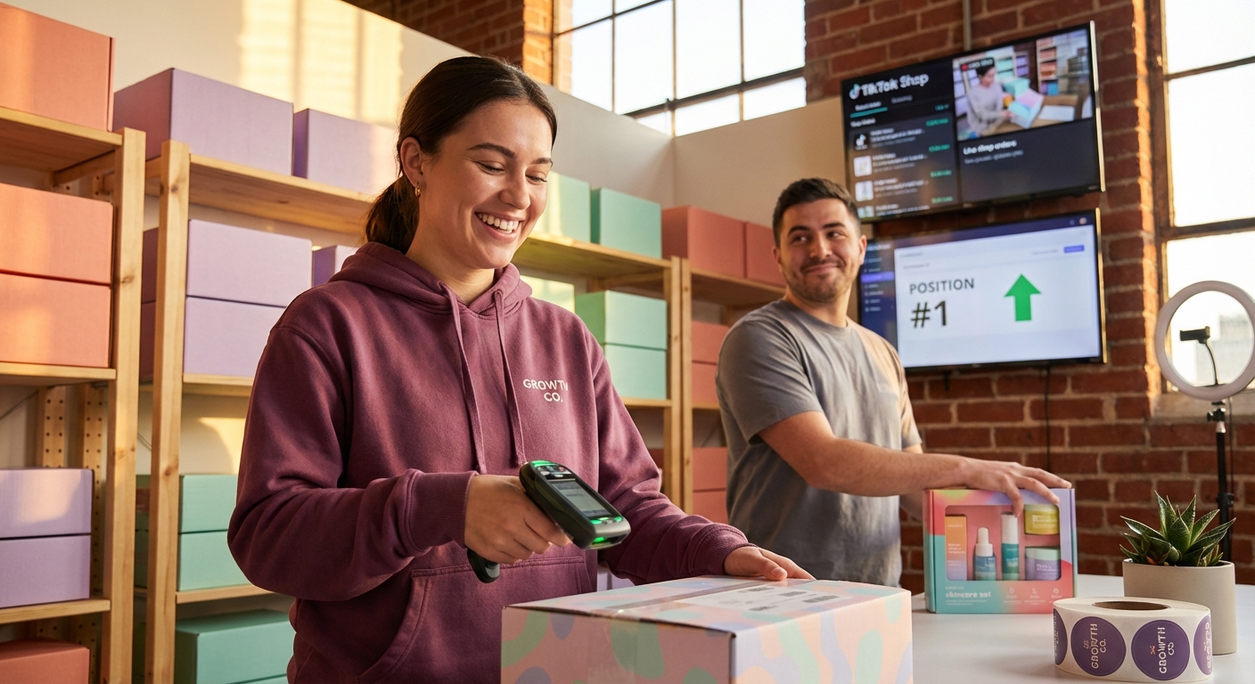 Thriving TikTok Shop fulfillment warehouse with organized inventory and real-time sales dashboard showing organic search orders