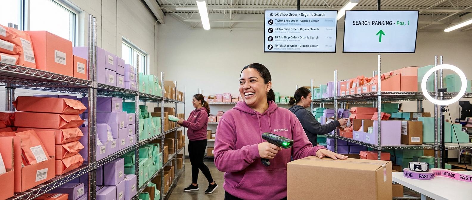 Thriving TikTok Shop fulfillment warehouse with organized inventory and real-time sales dashboard showing organic search orders