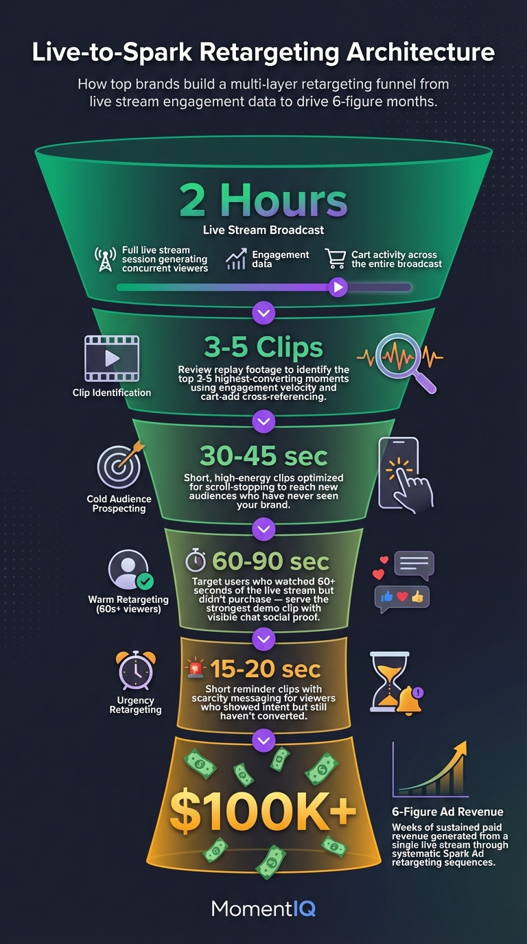 Funnel infographic showing the TikTok Spark Ads retargeting architecture from 2-hour live stream broadcast through clip