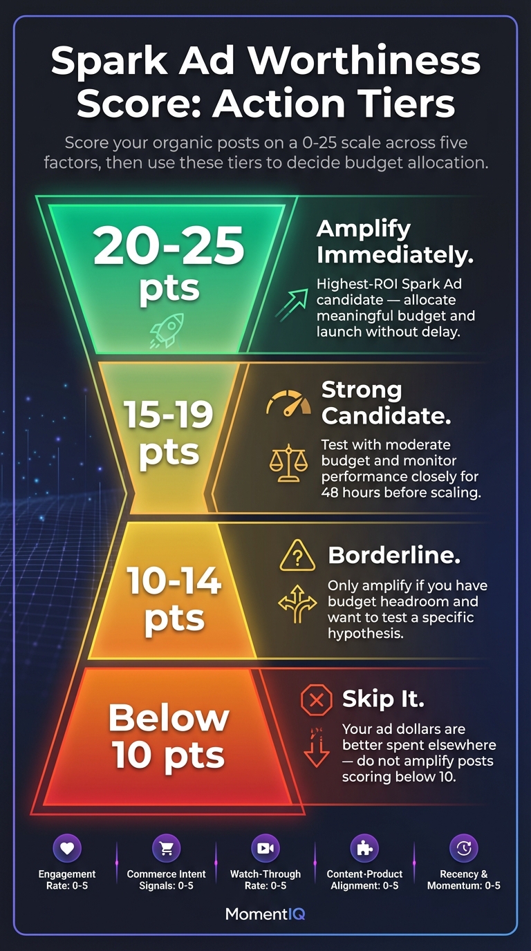 Pyramid infographic showing TikTok Spark Ad Worthiness Score tiers from 20-25 points amplify immediately at top to below