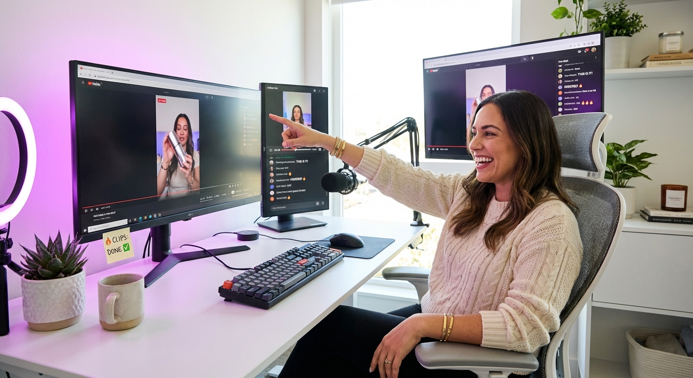 Content creator confidently editing TikTok Shop live stream clips at her bright studio workspace with dual monitors