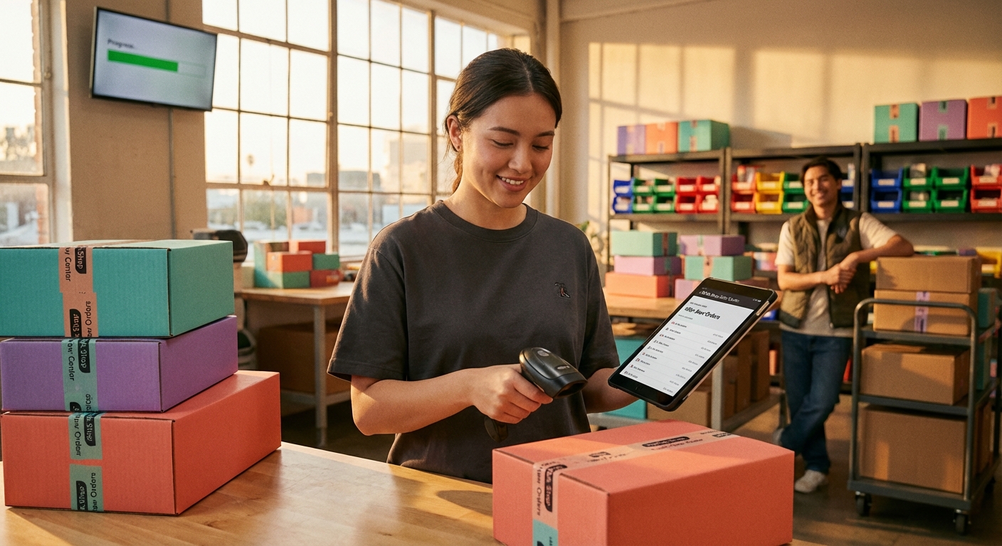Organized TikTok Shop fulfillment warehouse with team member happily processing hundreds of orders from successful Spark Ad campaign